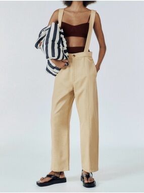 NWT ZARA Pants with Suspenders Tan Cream XS